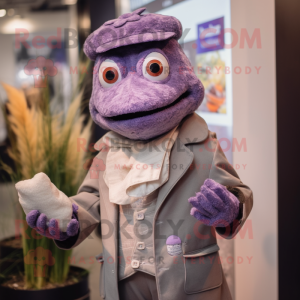 Lavender Cod mascot costume character dressed with a Waistcoat and Mittens