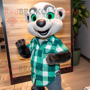 Forest Green Ferret mascot costume character dressed with a Flannel Shirt and Rings