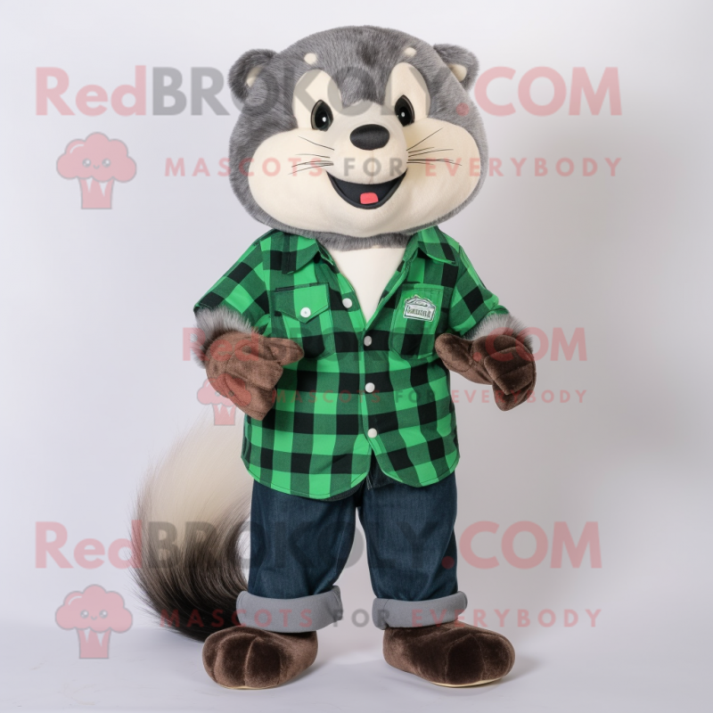 Forest Green Ferret mascot costume character dressed with a Flannel Shirt and Rings Forest Green Ferret mascot costume character dressed with a Flannel Shirt and Rings