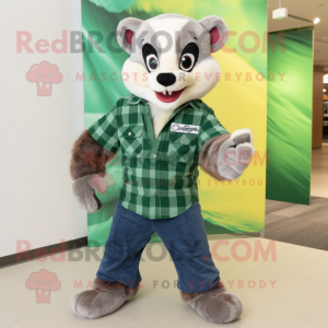 Forest Green Ferret mascot costume character dressed with a Flannel Shirt and Rings