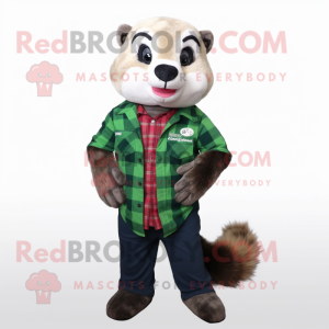 Forest Green Ferret mascot costume character dressed with a Flannel Shirt and Rings