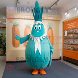Turquoise Carrot mascot costume character dressed with a Empire Waist Dress and Belts