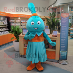 Turquoise Carrot mascot costume character dressed with a Empire Waist Dress and Belts