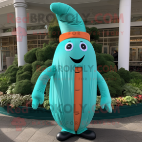 Turquoise Carrot mascot costume character dressed with a Empire Waist Dress and Belts