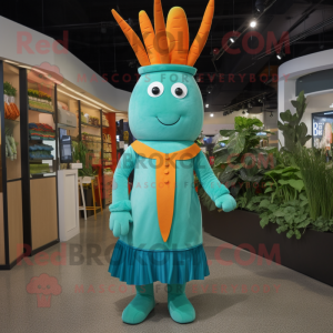 Turquoise Carrot mascot costume character dressed with a Empire Waist Dress and Belts