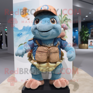 Peach Sea Turtle mascot costume character dressed with a Denim Shorts and Brooches