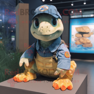 Peach Sea Turtle mascot costume character dressed with a Denim Shorts and Brooches