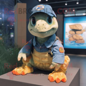 Peach Sea Turtle mascot costume character dressed with a Denim Shorts and Brooches