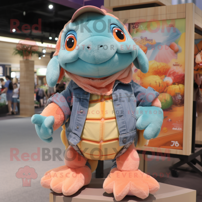 Peach Sea Turtle mascot costume character dressed with a Denim Shorts and Brooches Peach Sea Turtle mascot costume character dressed with a Denim Shorts and Brooches