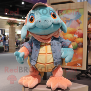 Peach Sea Turtle mascot costume character dressed with a Denim Shorts and Brooches