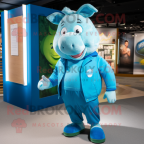 Cyan Sow mascot costume character dressed with a Oxford Shirt and Foot pads