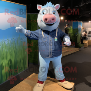 Cyan Sow mascot costume character dressed with a Oxford Shirt and Foot pads