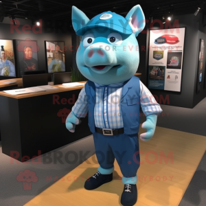 Cyan Sow mascot costume character dressed with a Oxford Shirt and Foot pads