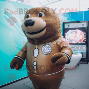 Brown Stellar'S Sea Cow mascot costume character dressed with a Suit Jacket and Digital watches