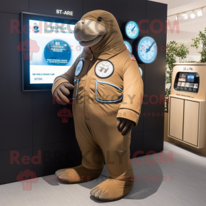 Brown Stellar'S Sea Cow mascot costume character dressed with a Suit Jacket and Digital watches