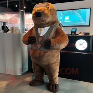 Brown Stellar'S Sea Cow mascot costume character dressed with a Suit Jacket and Digital watches