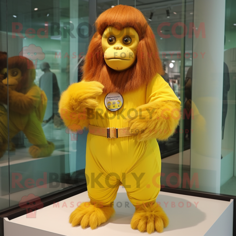 Lemon Yellow Orangutan mascot costume character dressed with a Mini Dress and Cummerbunds