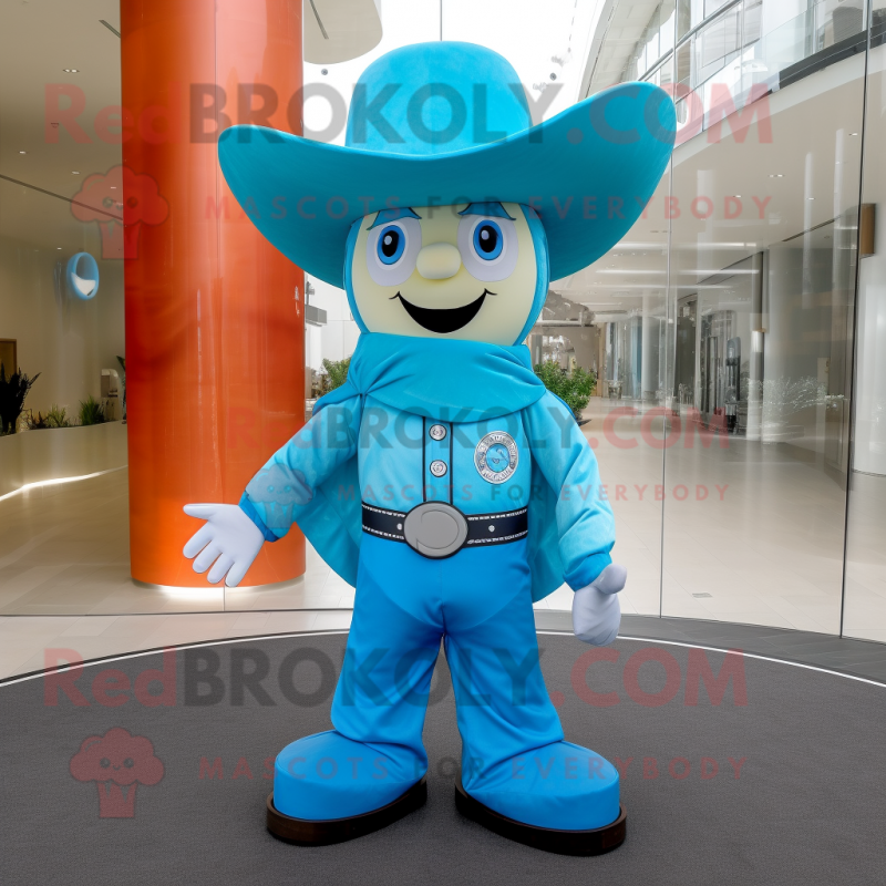 Cyan Cowboy mascot costume character dressed with a Circle Skirt and Berets