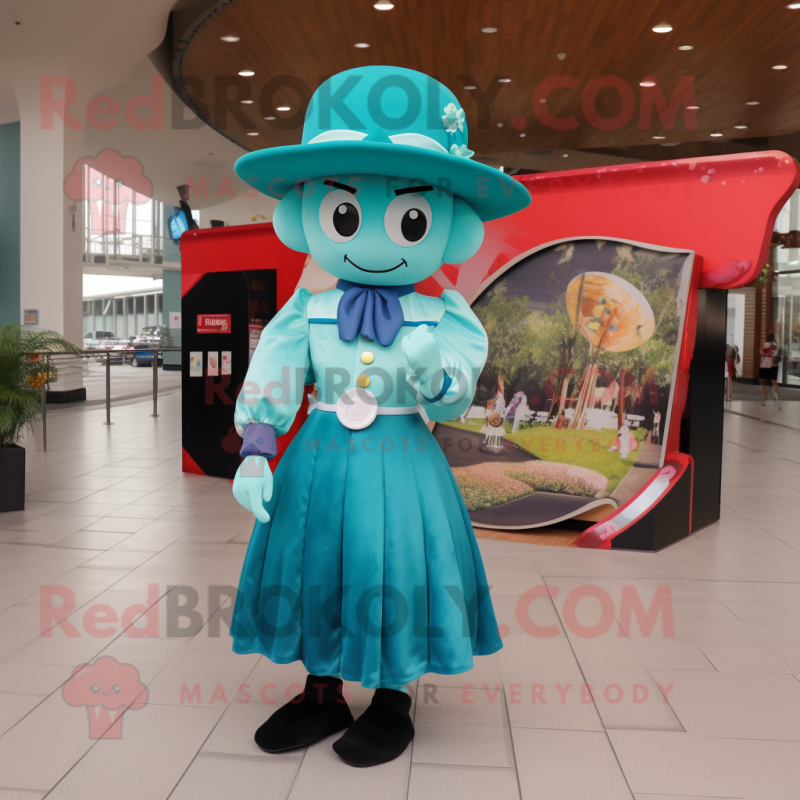 Cyan Cowboy mascot costume character dressed with a Circle Skirt and Berets
