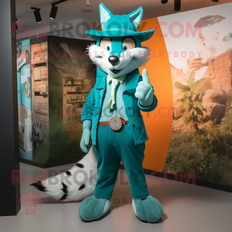 Turquoise Fox mascot costume character dressed with a Trousers and Berets