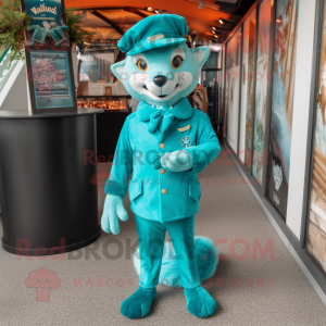 Turquoise Fox mascot costume character dressed with a Trousers and Berets