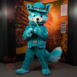 Turquoise Fox mascot costume character dressed with a Trousers and Berets