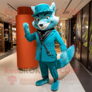 Turquoise Fox mascot costume character dressed with a Trousers and Berets