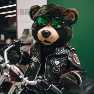 Forest Green Spectacled Bear mascot costume character dressed with a Biker Jacket and Keychains