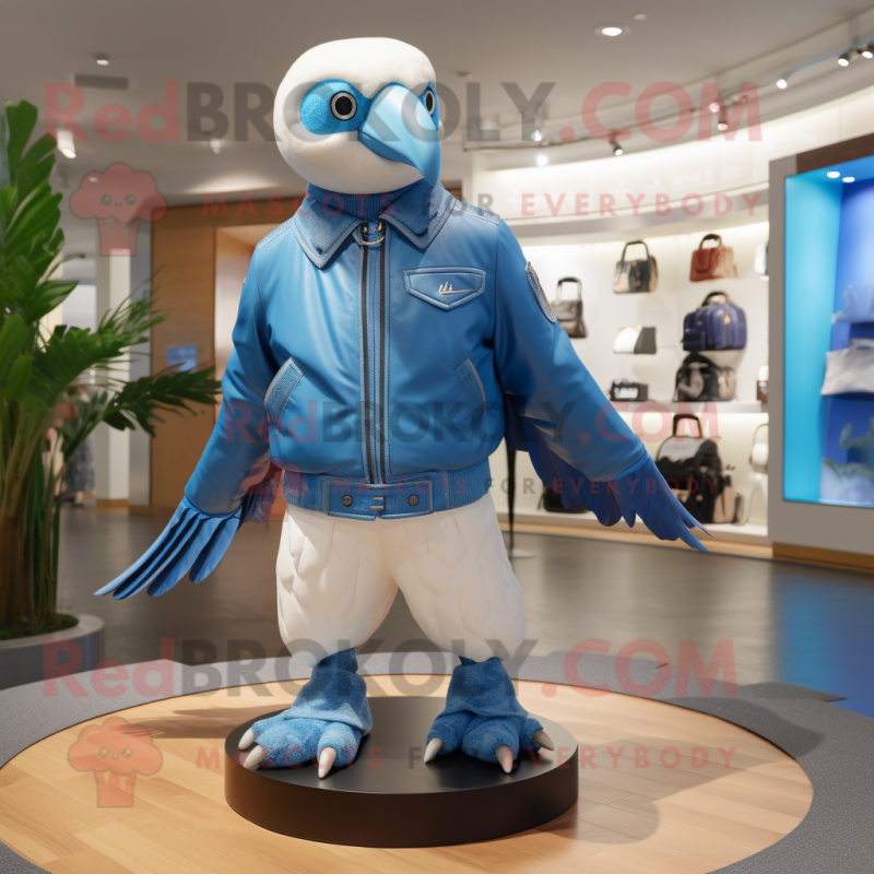 Blue Albatross mascot costume character dressed with a Bomber Jacket and Shoe clips