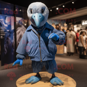 Blue Albatross mascot costume character dressed with a Bomber Jacket and Shoe clips