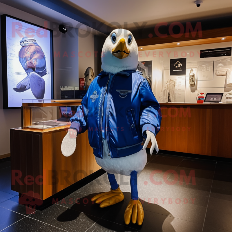 Blue Albatross mascot costume character dressed with a Bomber Jacket and Shoe clips Blue Albatross mascot costume character dressed with a Bomber Jacket and Shoe clips