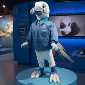 Blue Albatross mascot costume character dressed with a Bomber Jacket and Shoe clips