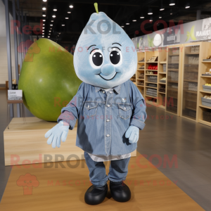 Silver Pear mascot costume character dressed with a Denim Shirt and Cummerbunds