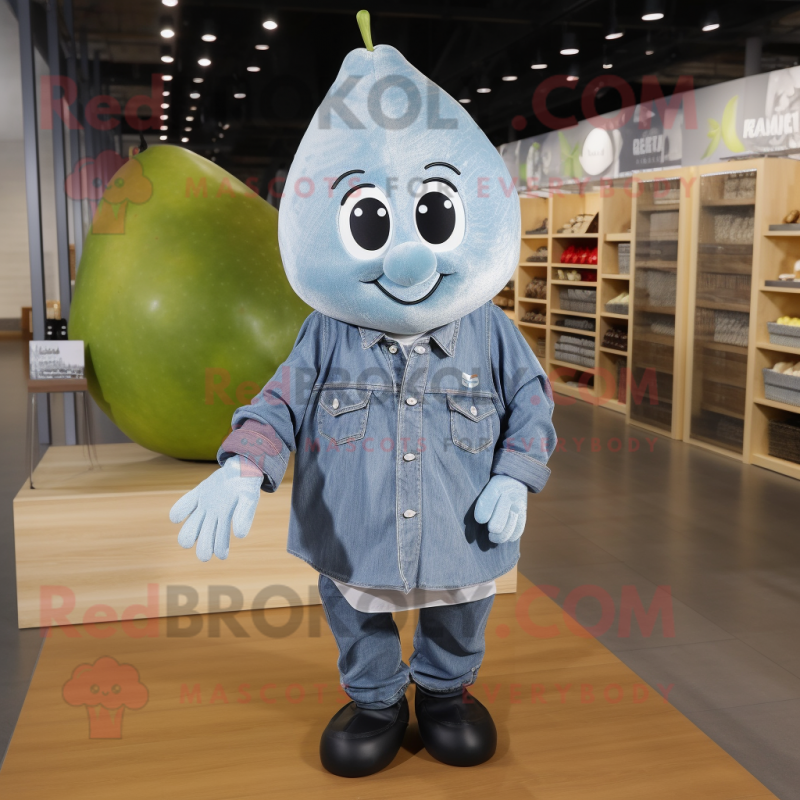 Silver Pear mascot costume character dressed with a Denim Shirt and Cummerbunds Silver Pear mascot costume character dressed with a Denim Shirt and Cummerbunds