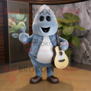 Silver Pear mascot costume character dressed with a Denim Shirt and Cummerbunds