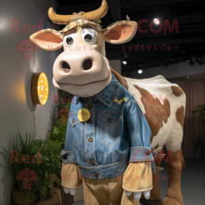 Tan Cow mascot costume character dressed with a Denim Shirt and Shoe clips