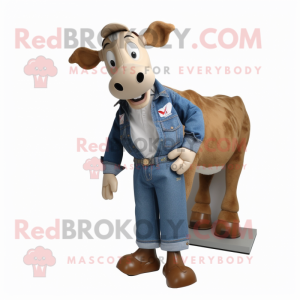 Tan Cow mascot costume character dressed with a Denim Shirt and Shoe clips