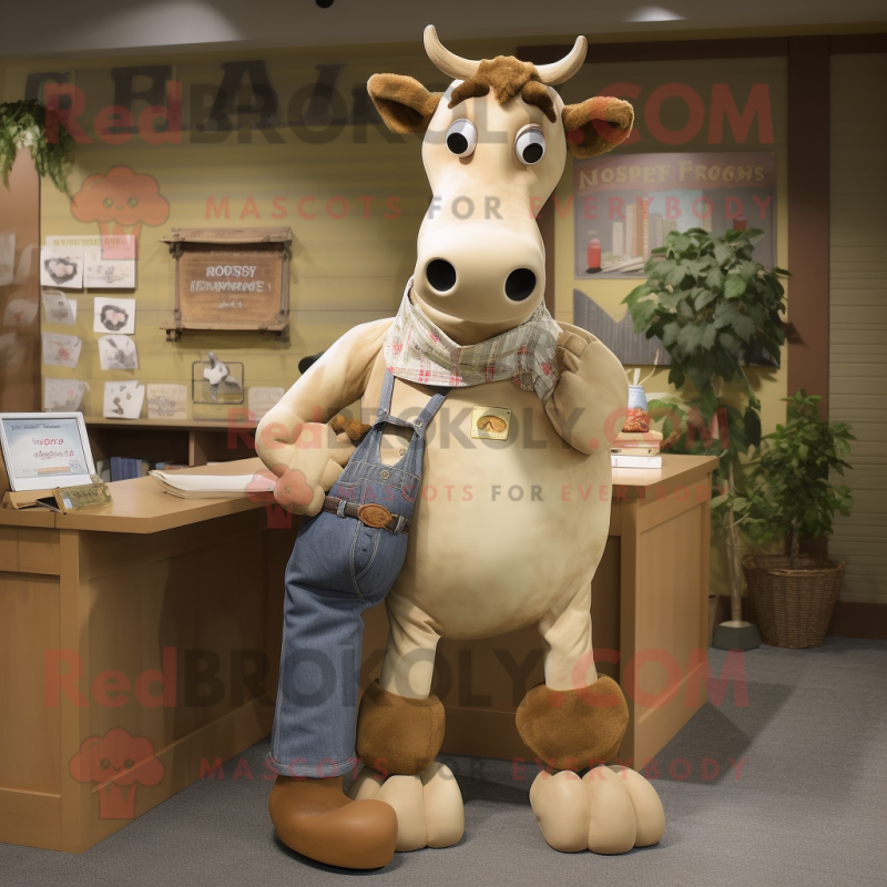 Tan Cow mascot costume character dressed with a Denim Shirt and Shoe clips Tan Cow mascot costume character dressed with a Denim Shirt and Shoe clips
