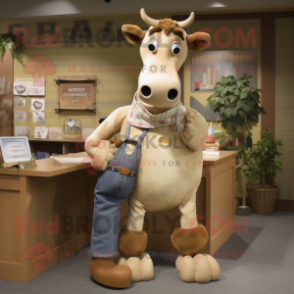 Tan Cow mascot costume character dressed with a Denim Shirt and Shoe clips