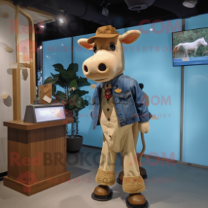 Tan Cow mascot costume character dressed with a Denim Shirt and Shoe clips