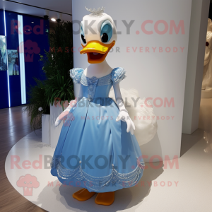 Blue Duck mascot costume character dressed with a Wedding Dress and Anklets