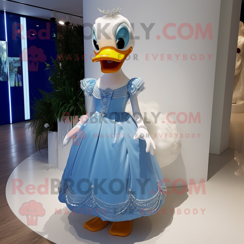 Blue Duck mascot costume character dressed with a Wedding Dress and Anklets