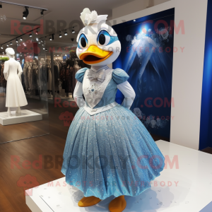 Blue Duck mascot costume character dressed with a Wedding Dress and Anklets