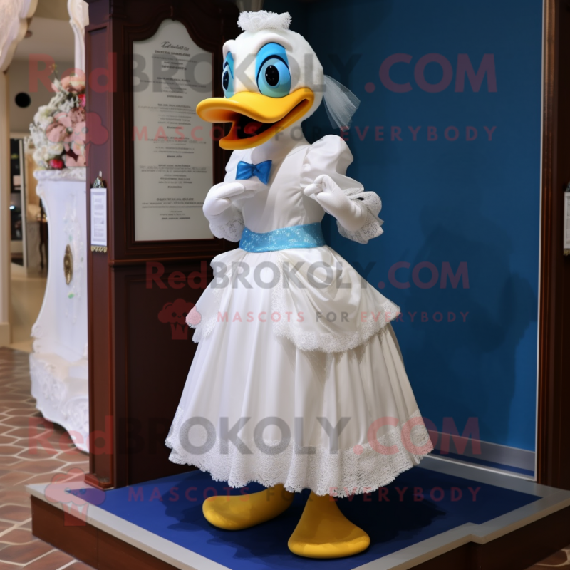 Blue Duck mascot costume character dressed with a Wedding Dress and Anklets Blue Duck mascot costume character dressed with a Wedding Dress and Anklets