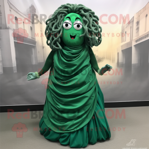 Forest Green Medusa mascot costume character dressed with a Pleated Skirt and Shawl pins