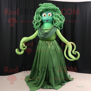 Forest Green Medusa mascot costume character dressed with a Pleated Skirt and Shawl pins