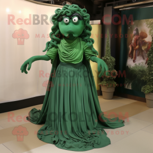 Forest Green Medusa mascot costume character dressed with a Pleated Skirt and Shawl pins