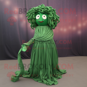 Forest Green Medusa mascot costume character dressed with a Pleated Skirt and Shawl pins