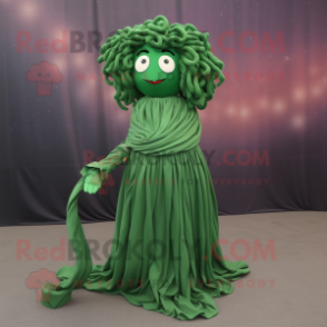 Forest Green Medusa mascot costume character dressed with a Pleated Skirt and Shawl pins