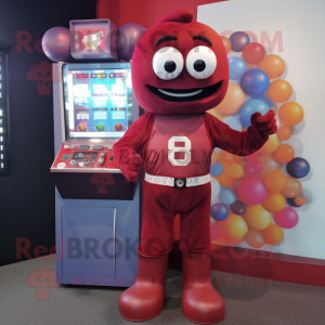 Maroon Gumball Machine mascot costume character dressed with a Shorts and Gloves